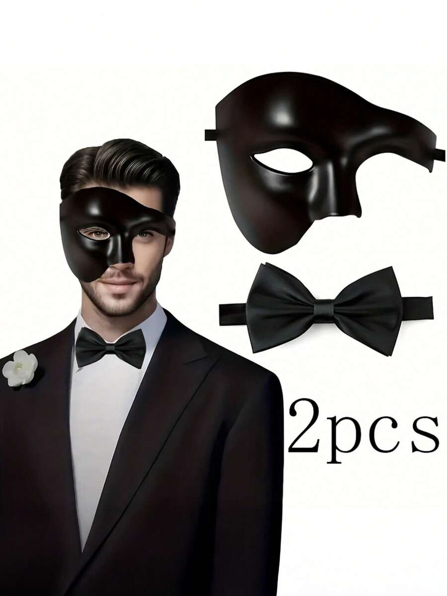 男士半脸面具+领带套装（2件套），化装舞会服装道具，半脸面具配领带，威尼斯风格面具和新郎领带婚礼服饰套装，化装舞会优雅配饰 - 彩色 - 查看 1