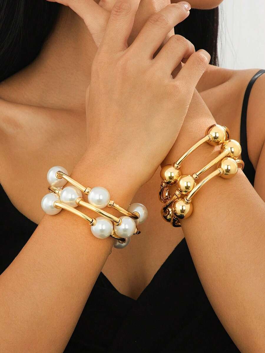 Bộ 3 vòng tay cổ điển dày dặn bằng vàng/bạc/ngọc trai, phong cách Châu Âu và Mỹ, thích hợp cho nữ giới đi biển, hẹn hò, chụp ảnh thời trang, trang trí ngày lễ, quà tặng trang sức quyến rũ. - Bộ 3 món - Xem 1