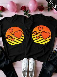 Couple Matching Sunset Heart TShirt Premium Cotton, Loose Fit, Street Hip-Hop, Comfortable, Art Print - WomenBlack-1PC - View 2