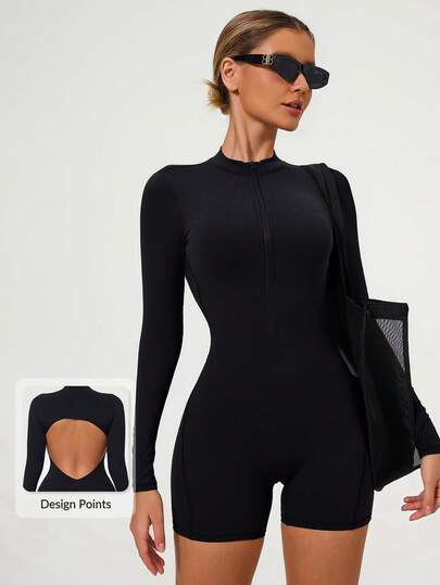 MASKERT 女士长袖紧身连体衣，女士瑜伽运动跑步连体衣，速干塑形长袖运动连体衣（黑色）