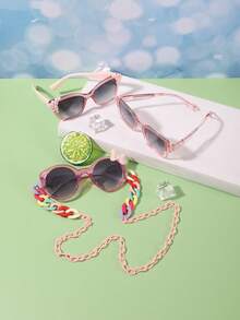 1set 3pcs Boys' And Girls' 6-12Y Polycarbonate Cat Eye Square Frame Retro Versatile Fashion Glasses And1pc Buckle Glasses Chain, Outdoor Travel Festival Party Outfit - Multicolor - View 5