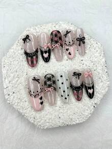 10片黑色和粉色可爱格子爱心手工按压式美甲贴片，芭蕾公主可爱蝴蝶结假指甲，可卸可重复使用的美甲用品（1片果冻贴纸+1个指甲锉） - 粉色 - 查看 13