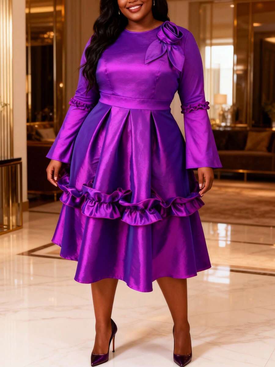 优雅加大码紫色中长连衣裙，女款，长喇叭袖，圆领，饰有3D玫瑰花，A字裙摆，适合派对和春季穿着。 - 紫色 - 查看 1