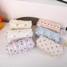 Gesteppter Stifteetui, Mini Make-up Pinselhalter, Ditsy Blumen, tragbar, süßes Blumenmuster, geeignet für Reisen und Studenten, Schreibwaren, Tasche