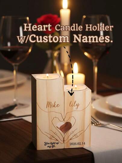 Custom Heart-Shaped Candle Holder - Personalized Name & Message, Laser Engraved Wooden Candle Holder With Heart Cutout, Perfect For Weddings, Anniversaries, Wedding Decorations, Valentines'days, Romantic Gift, Elegant Decor