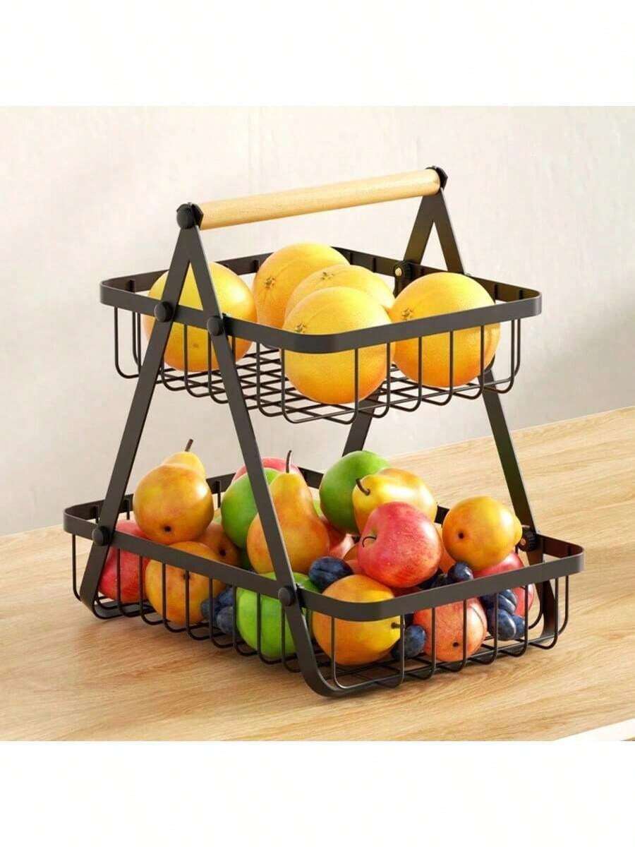 Tabletop Fruit Basket, Fruit Organizer, Metal Wire Basket, Multipurpose, For Fruits And Vegetables, Luxury Premium 2-Tier - Black - View 1