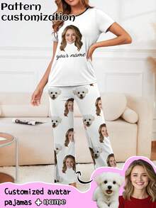 Printstory Customized Women's Short Sleeve Pajama Set, Monogrammed Loungewear Set - White - View 2