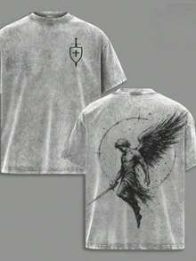 1 PcsMen's Washed Cotton T-Shirt, Archangel St. Michael * Flaming Sword * Shield * Scales Of Justice - Archangel Michael T-Shirt, Washed Church-Style Outfit, Fitness & Sports Cover-Up, Christian Religious Apparel, Jesus-Themed Clothing, Casual Style Outfits - 灰色 - 查看 1