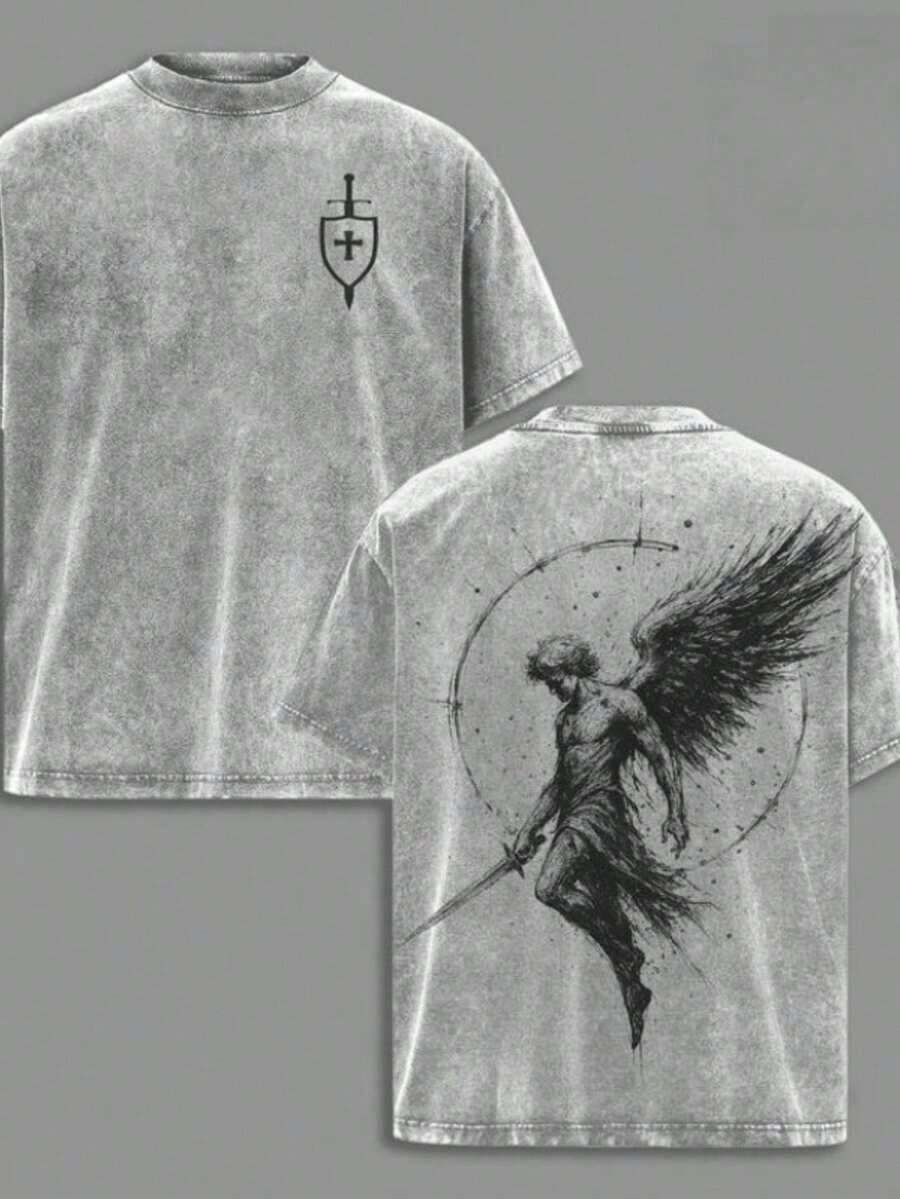 1 PcsMen's Washed Cotton T-Shirt, Archangel St. Michael * Flaming Sword * Shield * Scales Of Justice - Archangel Michael T-Shirt, Washed Church-Style Outfit, Fitness & Sports Cover-Up, Christian Religious Apparel, Jesus-Themed Clothing, Casual Style Outfits - 灰色 - 查看 1