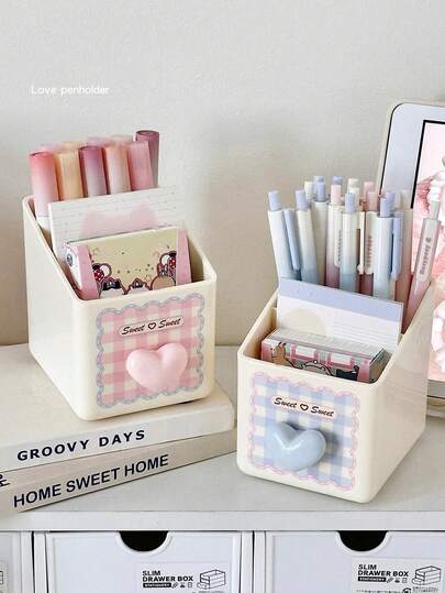 1 pieza Caja de almacenamiento de papelería de escritorio, diseño de doble capa, patrón de corazón, soporte para bolígrafos, organizador de brochas de maquillaje de gran capacidad, adecuado para guardar papelería, bolígrafos, reglas, excelente para estudiantes de vuelta a la escuela y suministros de oficina, regalo de Navidad, regalo para amigos