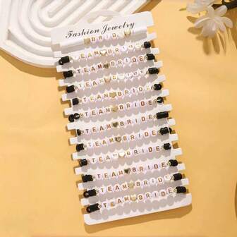 12pcs/Set Bachelorette Party Bride & Bridesmaid Letter, Heart Layered Elastic Soft Clay Bracelet Set, Fashionable Women Bracelet, Suitable For Wedding, Engagement, Banquet, Party, Ball, Also Can Be Given As Gift
