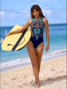 Swim SPRTY Summer Beach Graphic Print One Piece Swimsuit - Navy Blue - View 7