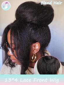 蓬松直发蕾丝前假发，真人发混纺，13x4 Yaki直发，预先拔毛，带婴儿发，180%密度，10-30英寸Yaki假发（混纺假发 - 真人发和合成纤维混合），真人发混纺假发/女士真人发混纺假发/真人发混纺蕾丝前假发/无胶假发/漂白发结/预先拔毛/蕾丝假发/女士礼物/圣诞装饰/圣诞礼物 - 自然色&黑色系 - 查看 2