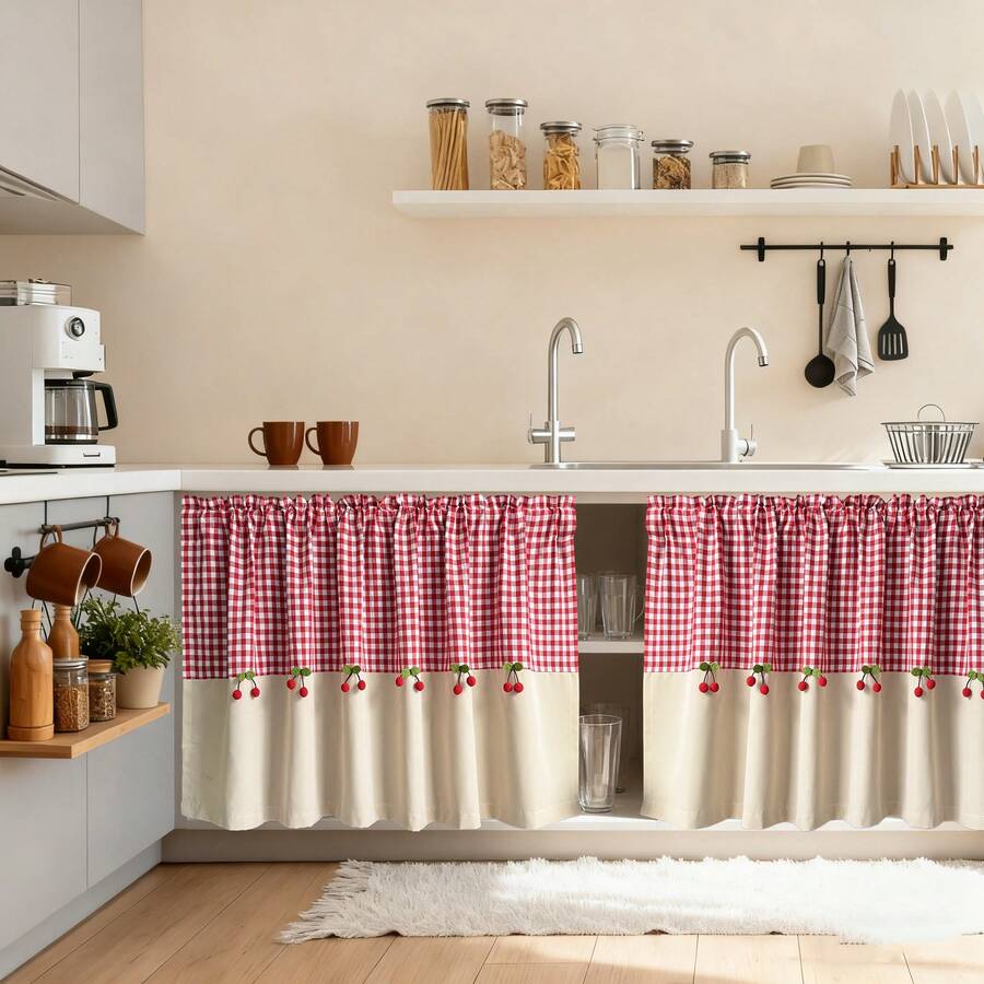 1 pieza Cortina corta romántica y linda con decoración de cereza pequeña, Cortinas pequeñas para ventana de cocina, Cortinas de cocina para apartamento, Volante de ventana de cocina