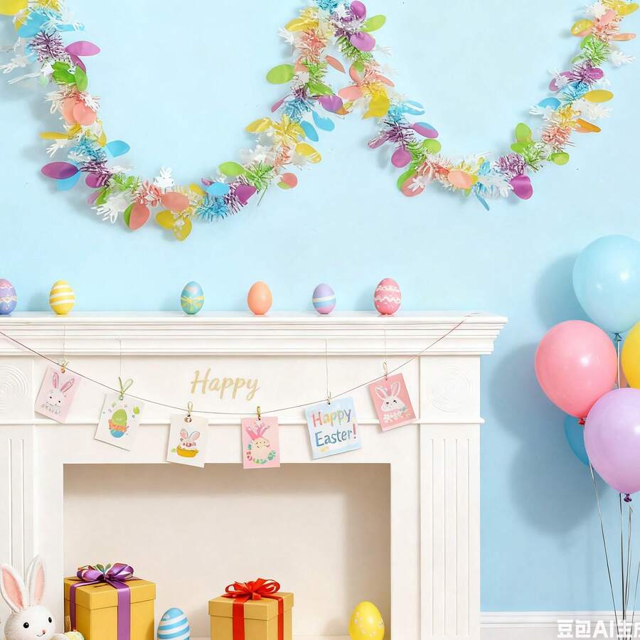 1件/2件装 59.05英寸复活节装饰花环 - 彩色蛋形装饰金属丝花环，用于节日装饰 - 復活節蛋毛條 - 查看 1