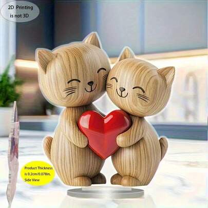 1pc 2D Flat Handmade Acrylic Smiling Cat Couple Sculpture With Red Heart - 2D Tabletop Decor, Cute Cat Home, Office, Desk Ornament - Unique Cat Couples Gift, No Battery Required, Cat Decoration, 2D Flat