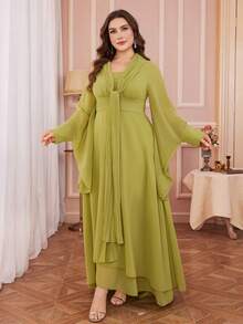大码女式纯色垂坠领、褶皱领工艺、不对称下摆优雅长袖连衣裙，胸部褶皱、腰部收褶、高腰、柔软、不对称袖子设计，适合各种场合：日常、节日、休闲 - 綠色 - 查看 3