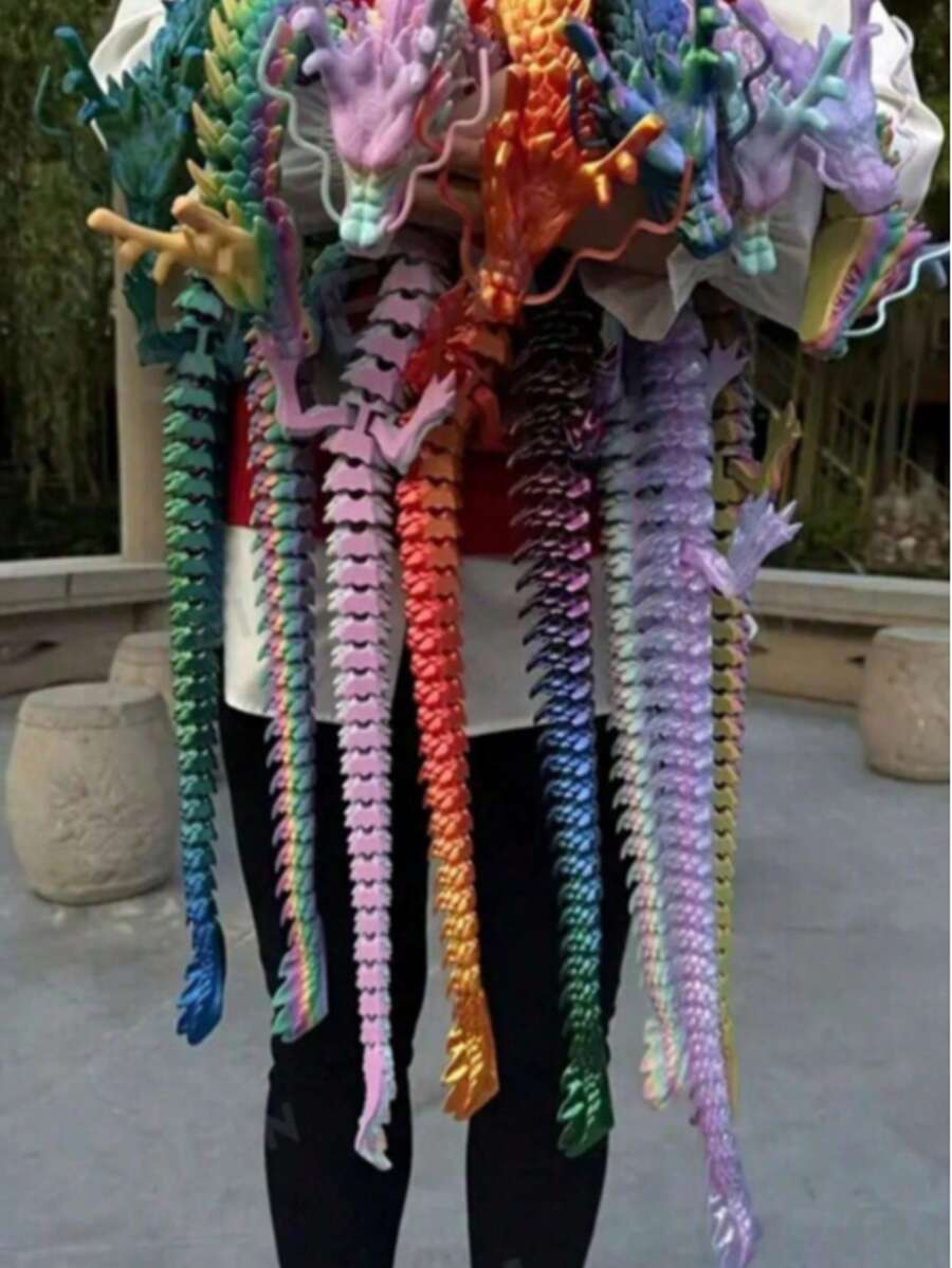 2pcs Chinese Dragon Statues, 35.43 Inches And 23.62 Inches, 3D Printed Movable Joints Design, Flexible Connections, Home & Auto Decor, Desktop Display, Creative Collectible Toys, Holiday Gifts - Multicolor - View 1