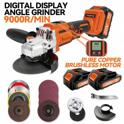 Cordless Angle Grinder With 2.0Ah Battery, A Multi-Purpose Machine. 20V Brushless Motor 4-1/2" 9000 RPM, 6 Dics For Cutting, Grinding And Polishing