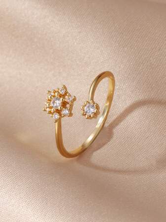 GEREIT 1pc Minimalist Chic Gold-Tone Cubic Zirconia Snowflake Ring, Suitable For Women Friends Everyday And Holiday Wear