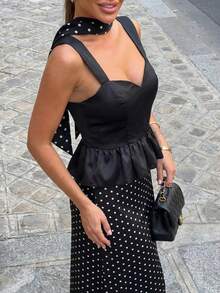 黑色波点套装，优雅缎面荷叶边上衣搭配修身长裙，女士 - 黑色 - 查看 11