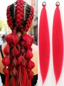 1-2条26英寸中国红DIY编发接发 | 女士合成Yaki直发耐热蓬松马尾 | 适合万圣节、圣诞节、节日派对