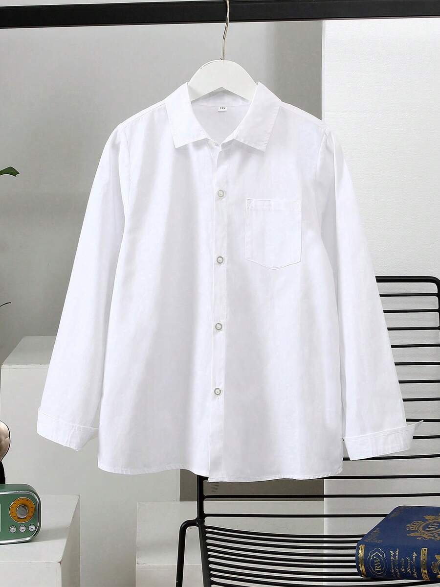 Áo sơ mi dài tay cổ bẻ màu trắng trơn dành cho nam thiếu niên, áo lót đa năng. - trắng - Xem 1