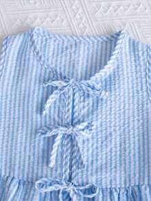 2pcs Set: Striped Bow Design Sleeveless Top With Ruffle Trim And Loose Straight Pants, Girls Outfit, Suitable For Daily Outings, Vacation, Ideal Gift, Perfect For Outdoor Activities - Blue - View 3