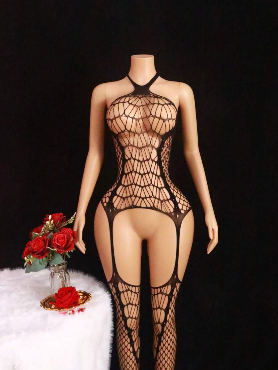 1pc Women's Black Hollow-Out Bodystocking, Mesh Lingerie, Novelty Sexy Jumpsuit Suitable For Private Parties - Black - View 1