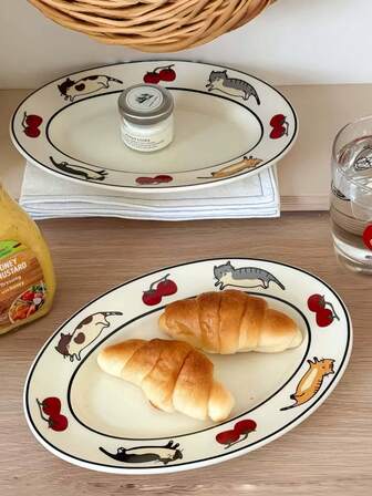 1个椭圆形番茄猫造型盘，韩式可爱甜点蛋糕盘，意面盘，精美礼品餐具盘，复古插画意面盘，适用于家庭、餐厅、咖啡馆、甜品店、礼品、派对