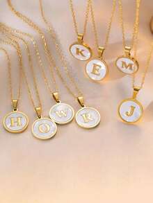 1 件优雅不锈钢字母吊坠项链，26 个字母可选，圆形字母吊坠项链，防水锁骨链，适合女性日常佩戴 - 圓形 - 查看 13