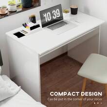 HOMCOM Modern Computer Desk, Home Office Table, Small Writing Desk With Storage Shelf, 90 X 50cm, High Gloss White - White - View 6