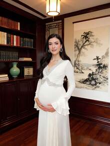 Ladies And Pregnant Women Lace Patchwork Pleated High-Elastic Long Dress - V-Neck Corset Waist Lotus Sleeve Dress - 白色 - 查看 4