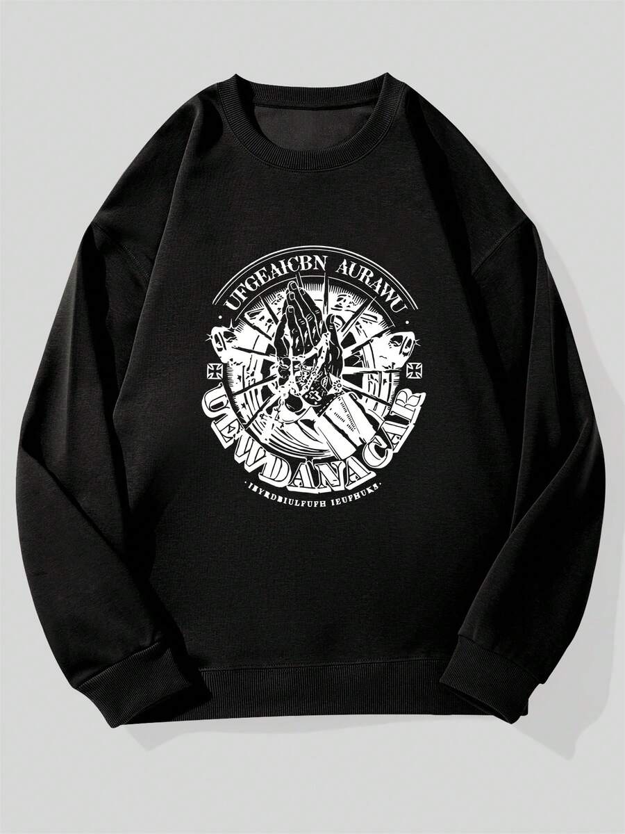 Men's Casual Crew Neck Sweatshirt With Handprint Pattern - 黑色 - 查看 1