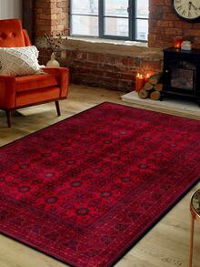 1pc Vintage Distressed Style Rug, Red Bohemian Moroccan Polyester Fiber Comfortable, Rectangular Easy Care Washable Area Carpet For Living Room, Hallway, Bedside, Home Decor