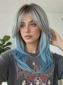 20英寸合成纤维渐变蓝色蝴蝶发型长直层次假发，带刘海，适合日常佩戴和派对。 - 漸層藍色 - 查看 1