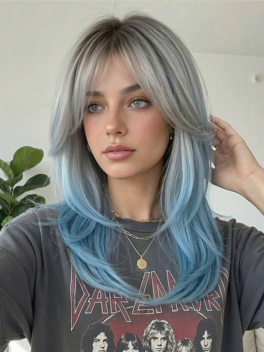 20英寸合成纤维渐变蓝色蝴蝶发型长直层次假发，带刘海，适合日常佩戴和派对。 - 漸層藍色 - 查看 1