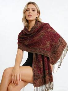 1件装女士多色复古提花腰果色波西米亚风长流苏防风大披肩围巾，适合日常外出、旅行和摄影 - 酒紅色 - 查看 3
