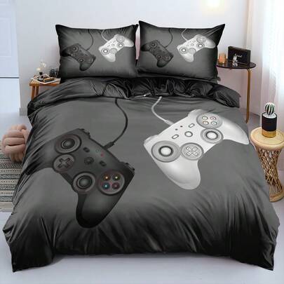 2/3件套 3D 印花单色游戏手柄被套套装 经典游戏机风格床上用品套装 游戏室装饰被套套装（尺寸 135x200，仅含 1 个枕套）