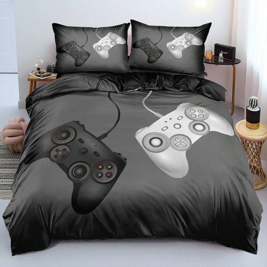 2/3pcs 3D Print Monochrome Game Controller Duvet Cover Set Classic Console Style Bedding Set Gamer Room Decor Comforter Cover Set (Size 135x200 Only 1 Pillowcase) - Multicolor - View 1