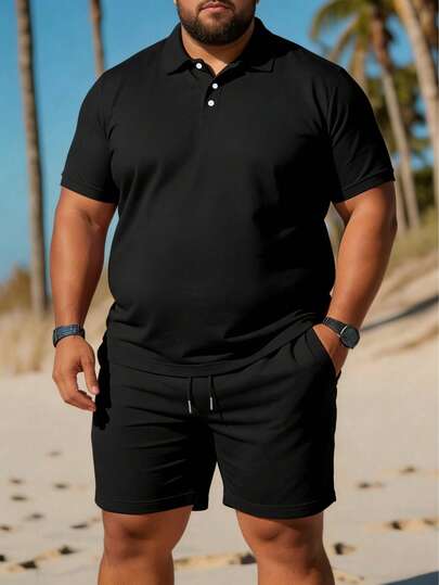 2pcs/Set Plus Size Men's Fashionable Casual Short Sleeve Polo Shirt And Shorts Set, Suitable For Vacation, Outdoor, Street, Daily Wear