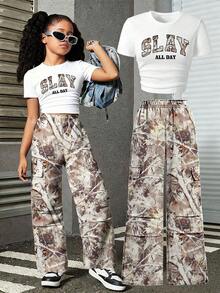 Tween Girl Letter Graphic Print Crew Neck Long Sleeve Top And Pants Set - White - View 1