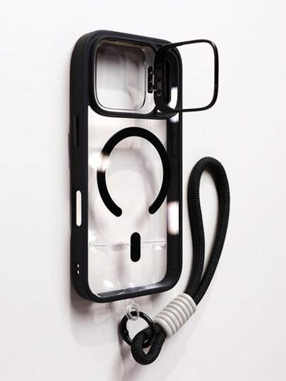 1个豪华镜头框支架磁吸手机壳+短挂绳，兼容 17 Pro Max/16/15/14/13/12 Pro Max Plus，支持无线充电，防震盔甲框透明保护壳带镜头玻璃