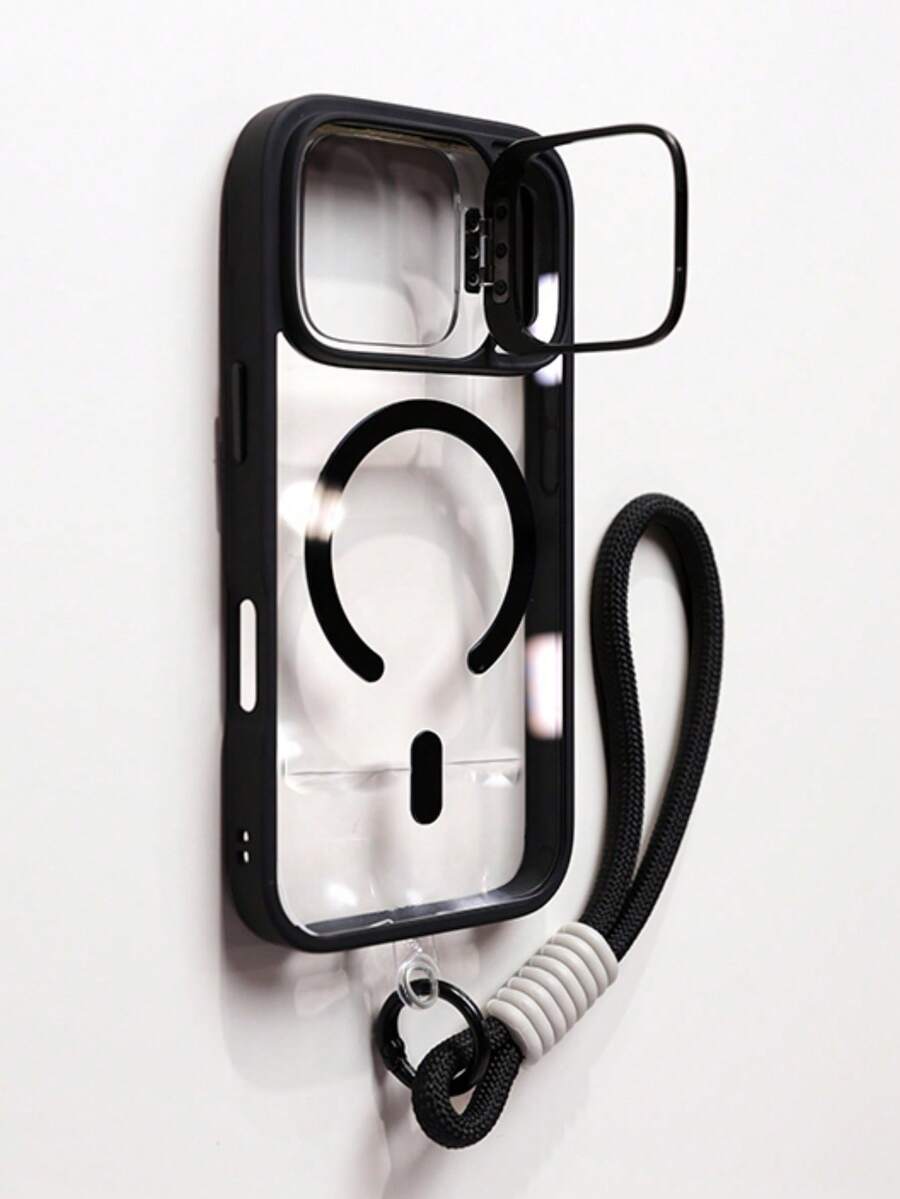 1pc Luxury Lens Frame Magnetic Phone Case + Short Lanyard, Compatible With IPhone 18 17 Pro Max 16 15 14 13 12 Pro Max Plus, Supports Wireless Charging, Shockproof Armor Buffer Transparent Protective Case With Lens Glass - Black - View 1