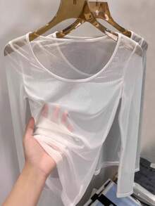 Áo kiểu nữ tối giản, ôm sát, tay dài, chất liệu xuyên thấu, đa năng, màu trắng, thích hợp cho mùa xuân. - trắng - Xem 7