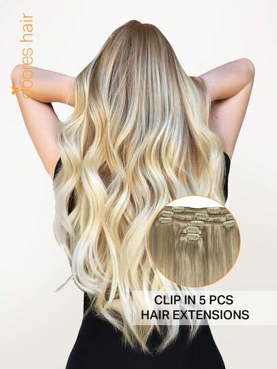 DOORES 5片装无缝直发夹式接发片，真人发丝，自然柔软，灰金色挑染，铂金色，73-85克，100%巴西雷米真人发，适合头发稀疏的男女使用，双层夹式接发片，可打造全头造型，日常佩戴方便隐形，适合冬季、圣诞节、角色扮演、校园和约会之夜等场合。