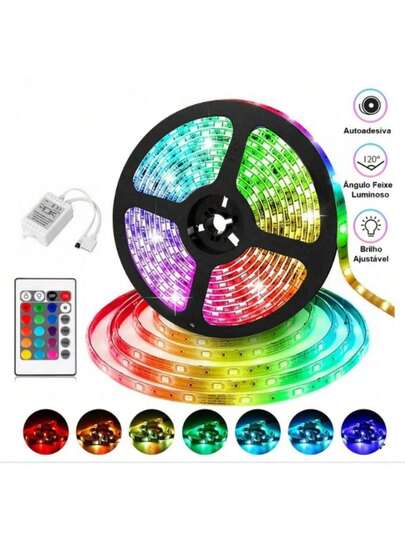 Fita de LED RGB profissional 5m 300 LEDs - Bivolt com silicone, ajustável branco quente/branco frio | Decoração de cozinha/quarto/comercial, com controlador, iluminação romântica l Decoração de feriado l Natal l Festa de aniversário