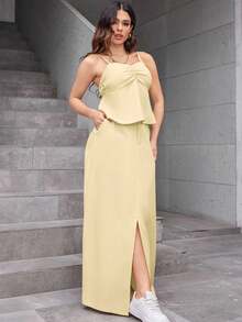 REF: AS1448 Women's Two-Piece Suit, High-Waisted Skirt And Suspender Top With Adjustable Straps, Chic, Elegant And Modern Style, Casual And Sophisticated Look For Spring And Summer, Vibrant Colors, Elegant Women's Suit For Modern Women - 米色 - 查看 5