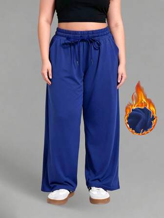 กางเกงวอร์มบุผ้าสำลีกันหนาวสำหรับผู้หญิงอ้วน, เหมาะสำหรับ -5°C, กางเกงขาบานลำลองเอวยางยืดพร้อมเชือกผูกและกระเป๋าหลายช่อง, ทรงหลวมสำหรับวิ่งกลางแจ้ง & ออกกำลังกาย, ฤดูใบไม้ร่วง/ฤดูหนาว