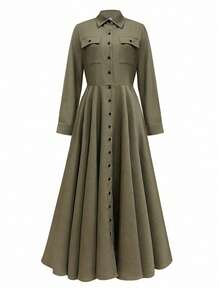Women's Solid Color Casual Elegant Office Front Button Pocket Dress - Army Green - View 6